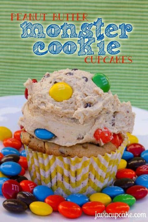 Peanut Butter Monster Cookie Cupcakes by JavaCupcake.com Pb Recipes, Cookie Cupcakes, Cookie Dough Frosting, Monster Cookie, Peanut Butter Cookie Dough, Monster Cupcakes, Baking Fun, Peanut Butter Cookie, Mission Accomplished