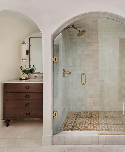 Instagram Spanish Revival Bathroom, Vanity Nook, Modern Nest, Vanity Backsplash, Spanish Heritage, Open Dining Room, Zellige Tile, Carved Doors, Spanish Revival