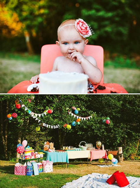 Colorful Backyard First Birthday Park 1st Birthday Party Decorations, Backyard First Birthday Party, Park 1st Birthday, Backyard Picnic Party, Outdoor Birthday Party Ideas, Garden Birthday Party Ideas, Colorful Backyard, Outdoor Birthday Party, Smores Bar