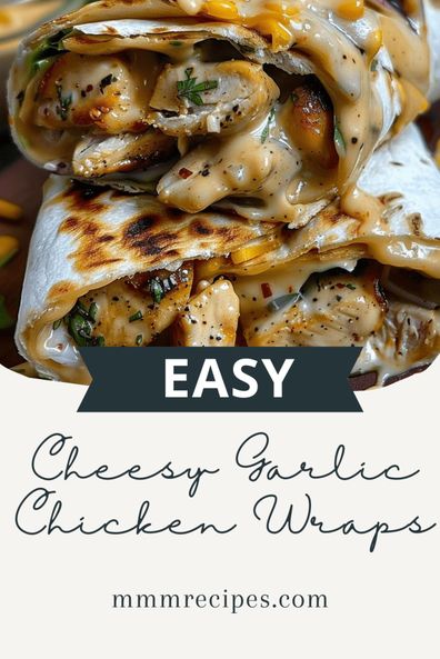 Make these delicious Cheesy Garlic Chicken Wraps with tender chicken, gooey cheese, and garlic in every bite! Ready in under 30 minutes, these wraps are the perfect quick meal for lunch or dinner. Customize them with your favorite ingredients and enjoy a family-friendly dish that’s bursting with flavor. Save this recipe and try it today! Cheesy Garlic Chicken, Easy Fast Dinner Recipes, Chicken Wrap Recipes, Tummy Yummy, Fast Dinners, Gooey Cheese, Quick Meal, Tender Chicken, Chicken Wraps