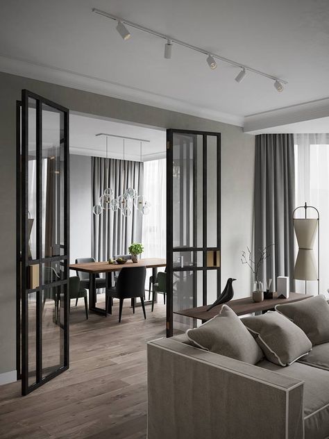 transparent door between the dining and living room Living Room And Dining Room Divider, Partition Between Living And Dining, Modern Partition Walls, Wall Partition, Living Room Divider, Hall And Living Room, Living Room Door, Room Divider Walls, Dining Room Interiors