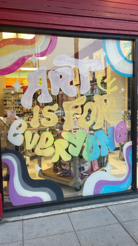 Art Room Window Painting, Paint Store Window Display, Art Shop Exterior, Boutique Art Gallery, Window Painting Ideas Business, Art Studio Window Display, Colorful Window Display, Art Retail Store, Rainbow Window Display