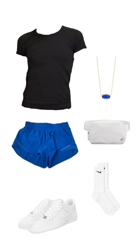 Athletic Shorts And T Shirt Outfit, Lulu Summer Outfit, Summer Outfits Shuffle, Outfit Ideas Athletic, Running Fits, Blue Lululemon Shorts, Lulu Fits, Track Outfits, Preppy Outfits For School