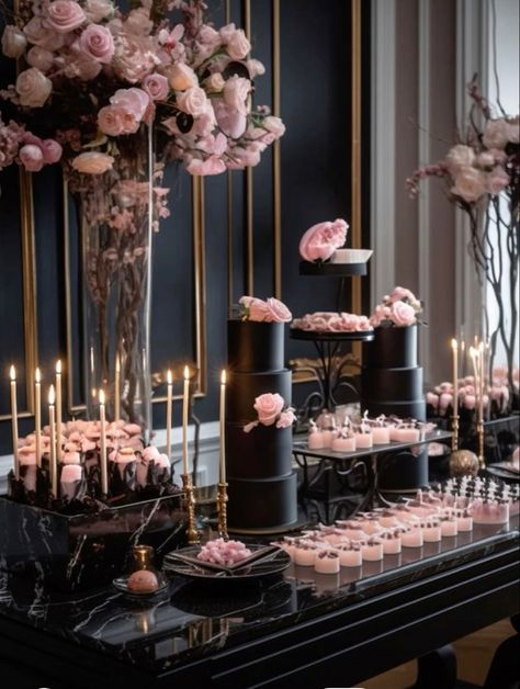 Wedding Black And Rose Gold, Black With Pink Wedding, Pink Black And Rose Gold Party, Blush Pink And Black Quinceanera, Dusty Pink Black And Gold Wedding, Pastel Pink And Black Wedding Theme, Black And Soft Pink Wedding, Pink Black Wedding Ideas, Black And Roses Wedding