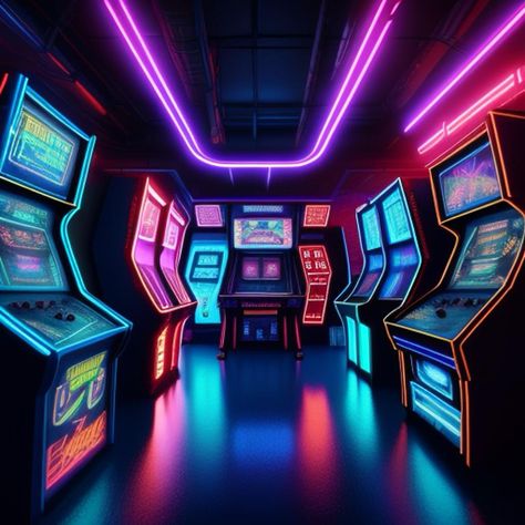 "They swore Charley's arcade ran on nothing but pure 1980s pixelated magic – probably had an atomic reactor hidden in there!" #arcade #memphis #oldschool #retrowave #retro #gaming #1980s Retro Arcade Aesthetic, 80s Arcade Aesthetic, Futuristic Arcade, Arcade Business, Modern Arcade, Arcade Building, Arcade Party, 80s Arcade, Wallpaper Powerpoint