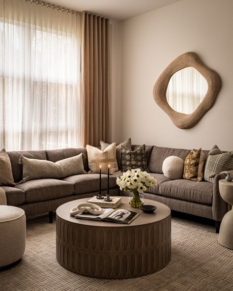 Warm Living Room Decor, West Of Main, Brown Sofa Living Room, Brown Couch Living Room, Latest Living Room Designs, Living Room Warm, Beige Living Rooms, Small Living Room Decor, Room Curtains