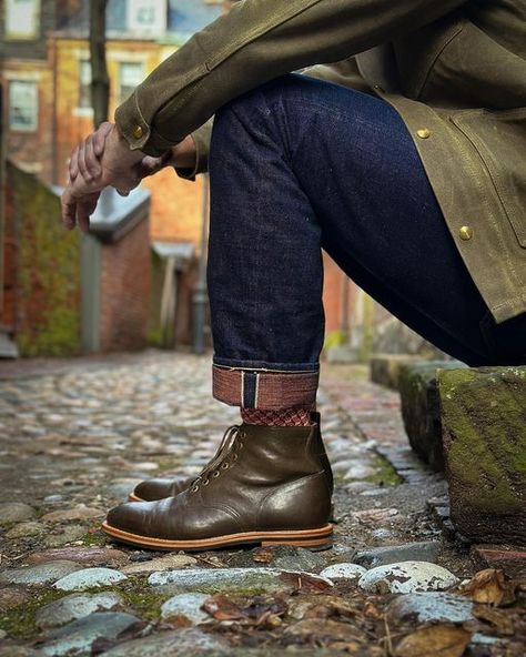 Aaron Huebner on Instagram: "Grant Stone was nice enough to send me some extra eyelets so I could swap out the speed hooks. I think the roos (and boots in general) look much better top to bottom and I will continue my lifelong pursuit to rid the world of speed hooks, one pair at a time if I have to 🤣 . . . 🧢 @ebbetsvintage Grant Stone hat 🧥 @shipjohn Wills jacket in olive waxed canvas Hoodie: @3sixteen oatmeal heavyweight 👕 @3sixteen indigo dyed heavyweight henley 👖 @samuraijeans x @indigos Grant Stone Boots, Grant Stone, Stone Boots, Indigo Dye, Waxed Canvas, Nice Tops, Oatmeal, Stone, Boots