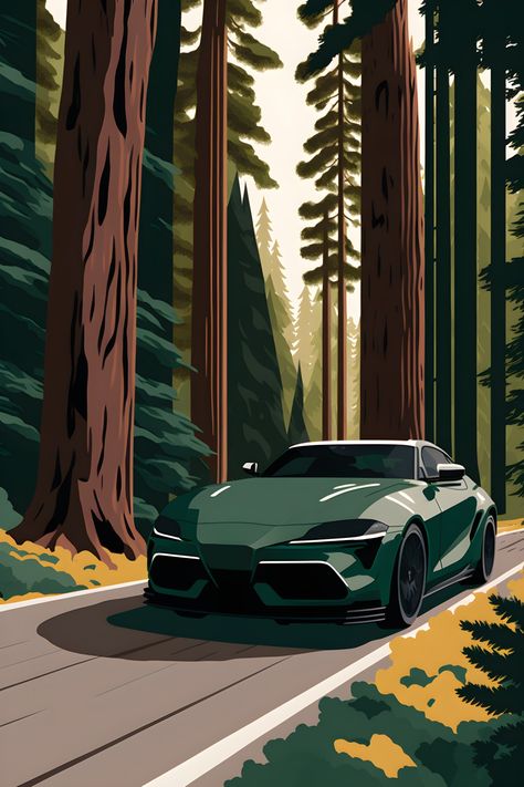 A stunning hand-crafted work of art featuring the Toyota Supra 5th generation in a pine forest. The design's unique composition is inspired by the style of modern and vintage travel posters to create a work of art that will stand out. Supra Art, Toyota Supra Mk5, Supra Mk5, Forest Poster, Car Prints, Salem Oregon, Anime Artwork Wallpaper, Automotive Art, Modern Poster