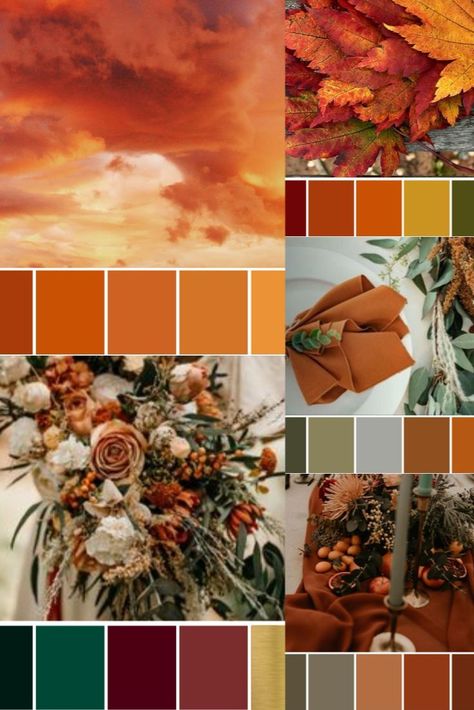 Amber Color Wedding, November Texas Wedding, Burnt Orange Wedding Palette, Burnt Orange Wedding Color Palette, Burnt Orange Wedding Theme Color Combos, Fall Sunset Wedding Colors, Burnt Orange Wedding Color Schemes, Burnt Orange Color Scheme, Sunset Color Palette Wedding