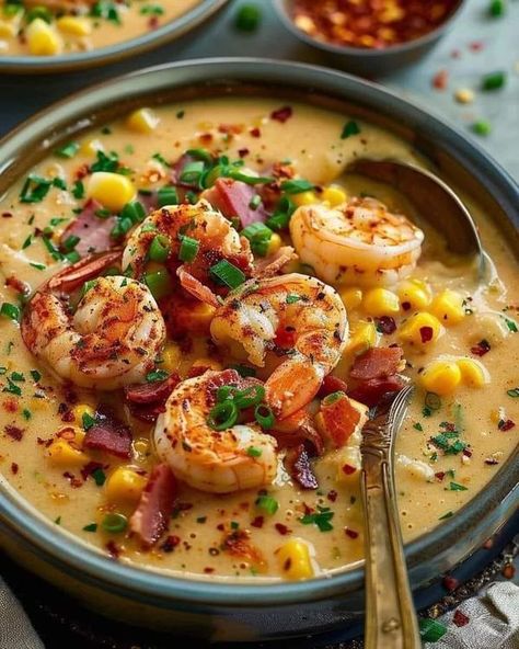 Antonia Lofaso | Louisiana Shrimp and Corn Bisque | Facebook Louisiana Soul Food, Shrimp And Corn Bisque, Shrimp Bisque Recipe, Shrimp And Corn Soup, Louisiana Shrimp, Corn Bisque, Shrimp And Corn, Pescatarian Meals, Abs Excercise