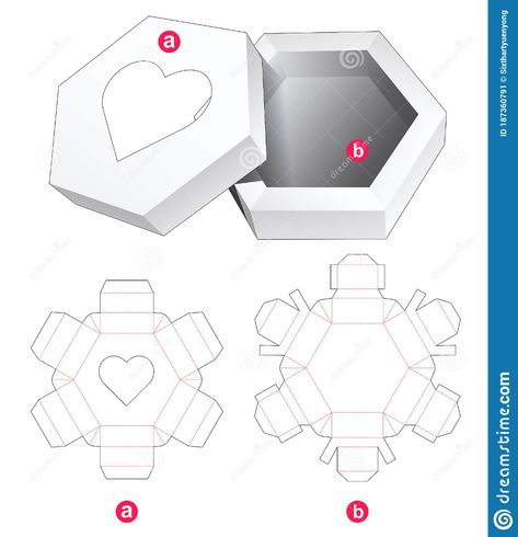 Hexagonal Box and Lid with Heart Window Die Cut Template Stock Vector - Illustration of line, fast: 187360791 Heart Window, Hexagon Box, Diy Boxes, Paper Box Diy, Packaging Template Design, Paper Box Template, Packaging Template, Cool Paper Crafts, Hand Crafts For Kids