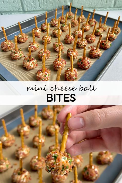 I love a good cheeseball during the holiday season. But once the outside layer is gone, I tend to lose interest. These mini cheese ball bites are the perfect ratio of creamy filling to crunchy coating. Made with ranch seasoning and cheddar cheese, then rolled in bacon bits and topped with a pretzel stick! No need for a cheese spreader and an assortment of crackers here. It’s an all-in-one! Cheese Ball Pretzel Stick, Mini Side Dishes, Bacon And Cheese Bites, Mini Cream Cheese Balls, Mini Cranberry Cheese Balls, Cheese Ball Appetizers Mini, Cheese Ball Bites Pretzel Sticks, Mini Cheeseball Bites, Mini Cheese Balls With Pretzel Sticks