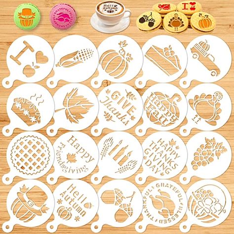 Amazon.com: Konsait Thanksgiving Decoration Cookie Stencils, 20 Pack Happy Fall Farmhouse Harvest Give Thanks AutumnTemplate Stencils for Baking Royal Icing Cake Coffee DIY Painting Craft Party Favors Supplies : Home & Kitchen Coffee Art Diy, Pieces Cake, Royal Icing Cakes, Happy Birthday Cookie, Cake Style, Cake Templates, Cookie Cake Birthday, Baking Items, Cake Stencil