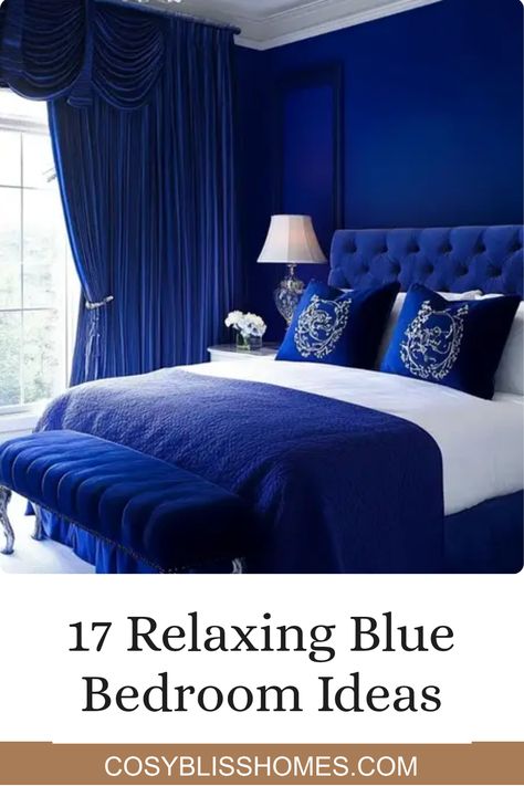 Looking to create a calm and cozy oasis in your bedroom? Discover 17 relaxing blue bedroom ideas that transform your space into a peaceful sanctuary. From serene sapphire blue curtains to striking navy accents, these designs will inspire you to choose the perfect shade for a restful retreat. Whether you prefer light sky tones or deep ocean hues, find tips on choosing bedding, décor, and color pairings that promote relaxation. Say goodbye to chaotic colors and harmony awaits with lovely blue palettes, perfect for creating a tranquil environment for sleep and restoring energy. Cobalt Blue Bedroom Ideas, Royal Blue And Grey Bedroom, Cobalt Bedroom, Cobalt Blue Bedroom, Royal Blue Bedroom, Cobalt Blue Bedrooms, Restoring Energy, Royal Blue Bedrooms, Dark Blue Rooms