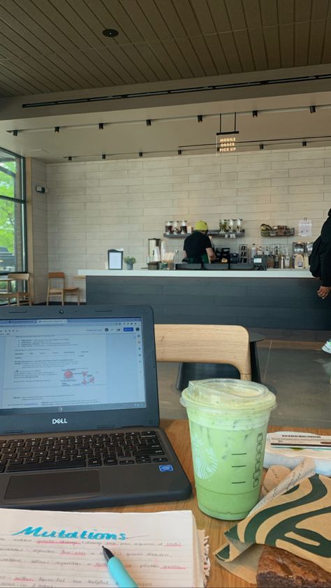 Starbucks While Studying, Working In Starbucks Aesthetic, Starbucks Working Aesthetic, Starbucks Aesthetic Studying, Starbucks Work Aesthetic, Starbucks Employee Aesthetic, Studying At Starbucks Aesthetic, Matcha Study Aesthetic, Work From Cafe Aesthetic