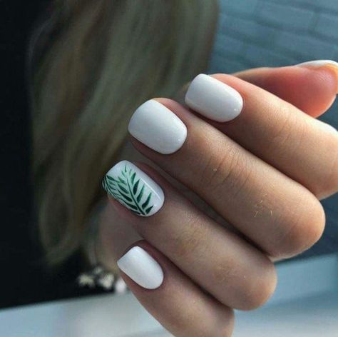 White Nail Colors & Inspiration For All 4 Seasons | Palm Tree Gel Nails, Island Nails Tropical Simple, Cute Basic Nail Designs, Hawaii Inspired Nails, Tropical Nails Short, Spring Nails Art Designs, Floral Manicure, Early Spring Nails, Spring Nails Art