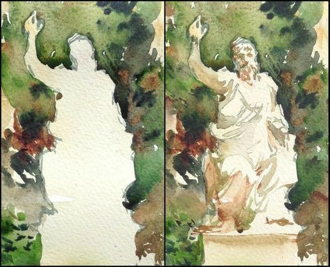 Marc Taro Holmes, Watercolor Steps, Watercolor Statue, Watercolor Figures, Watercolor Step By Step, Pile Of Rocks, Watercolor Study, Negative And Positive, Watercolour Ideas