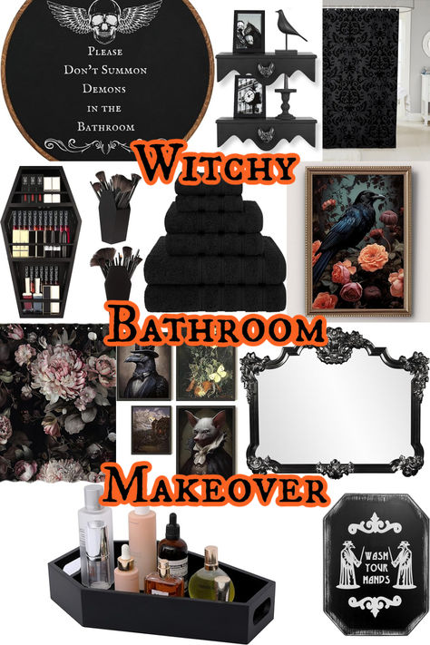 Create a beautifully spooky bathroom with these items. Featuring plague doctor signs, ornate mirrors, and coffin-shaped shelves, these decor pieces will help create the witchiest powder room. Witchy Bathroom Ideas, Witchy Bathroom Decor, Witchy Bathroom, Spooky Bathroom, Witchy Items, Shaped Shelves, Ornate Mirrors, Witchy Style, Ornate Mirror