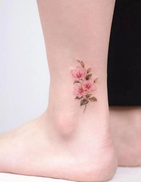 Pink Primrose Tattoo, Small Flower Tattoos On Ankle, Small Azalea Flower Tattoo, Small Hibiscus Flower Tattoos, Azalea Flower Tattoo, Cherry Flower Tattoo, Azalea Tattoo, Pink Flower Tattoo, Tattoos For Ladies