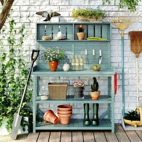 65"H Outdoor Potting Bench Table with 4 Storage Shelves and Side Hook - Bed Bath & Beyond - 37253959 Outdoor Potting Bench, Potting Bench, Bench Table, Storage Shelves, Patio Garden, Bench, Bath, Bed Bath And Beyond, Siding