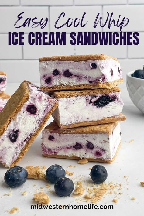 Lemon Blueberry Graham Cracker Ice Cream Sandwiches are an easy 5-ingredient drip-free ice cream dessert everyone will be screamin’ for all summer long. These Cool Whip ice cream sandwiches are fun and easy to make and the perfect summer treat to have on hand for sweltering summer days. #homemadeicecreamsandwiches #blueberrydesserts #lemonblueberry #coolwhiprecipes #nobakedesserts #easydesserts #grahamcrackericecreamsandwiches Cool Whip Ice Cream, Graham Cracker Ice Cream Sandwich, Lemon Ice Cream Sandwiches, Graham Cracker Ice Cream, Diy Ice Cream Sandwiches, Strawberry Ice Cream Sandwich, Healthy Ice Cream Sandwich, Homemade Ice Cream Sandwiches, Ice Cream Sandwiches Recipe