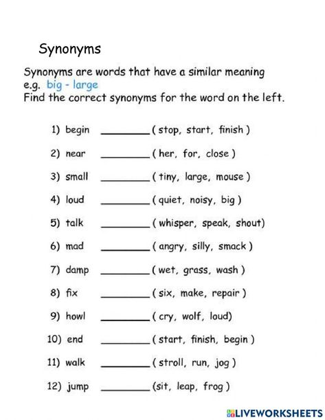 Synonyms Worksheet, Synonym And Antonym, Antonyms Worksheet, Esl Materials, Study Things, Multiplication Facts Worksheets, Kindergarten Phonics, Meaningful Sentences, Reading Comprehension Kindergarten