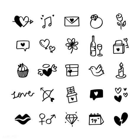 Collection of illustrated valentine's icons | free image by rawpixel.com Cute Small Drawings, Symbol Drawing, Small Doodle, Zestaw Ikon, طابع بريدي, Heart Doodle, Doodle Art Journals, Love Doodles, Heart Hands Drawing