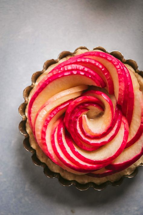 Rose Apple Tartlets with Salted Caramel | Platings + Pairings Caramel Apple Tartlets, Instant Pot Baked Potatoes, Air Fryer Zucchini Fries, Dessert Styling, Apple Tartlets, Apple Rose Tart, Air Fryer Zucchini, Rose Apple, Salted Caramel Sauce