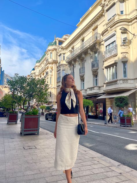 Monte Carlo Style Outfits, Monte Carlo Fashion, Outfits For Monaco, Monaco Summer Outfits, Monaco Aesthetic Fashion, Monte Carlo Aesthetic Outfit, Monaco Aesthetic Outfit, Linen Scarf Outfit, Club Monaco Outfit