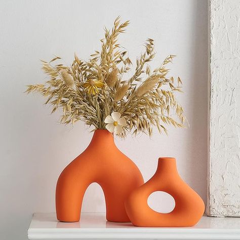 Amazon.com: Orange Ceramic Vase Set of 2 Hollow Flower Vase Matte Vases for Flowers Rustic Home Decor for Living Room Shelf Centerpiece Table Decorations Aesthetic Colorful Room Decor for Housewarming : Home & Kitchen Boho Vase And Flowers, Orange Accessories For Living Room, Terracotta Wedding Vase, Differant Vases, Donut Vase Styling Bedroom, Terracotta Wedding Vases, Donut Vase Coffee Table, Mustard Colored Vase, Pampas Grass In Terracotta Vase