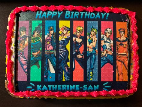 JoJo’s Bizarre Adventure theme, with a transfer featuring the cast and piped hot pink, orange, and yellow accents.  Custom cake by Tom Thumb, Keller TX (15 year) Jjba Cake, Jojo Cake, Adventure Birthday Party, Happy Birthday Drawings, Anime Cake, Adventure Theme, Hippie Painting, Jojo Anime, Pretty Birthday Cakes