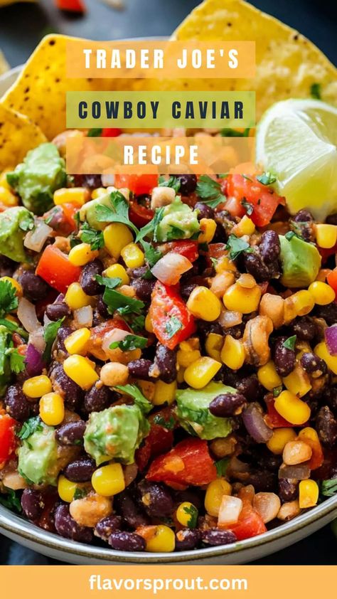 Trader Joe’s Cowboy Caviar Recipe – Flavor Sprout Cowboy Caviar Recipe, Caviar Recipes, Veggie Chips, Cowboy Caviar, Cooking Black Beans, Crushed Red Pepper Flakes, Frozen Corn, Ripe Tomatoes, Ripe Avocado