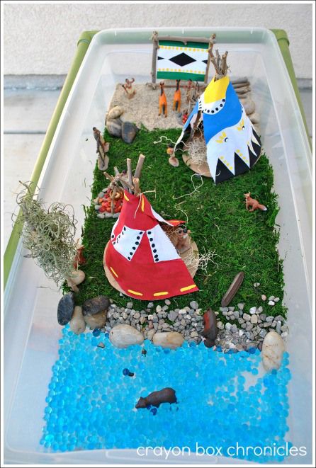 Native American Small World & Teepee  & Drum Craft @ Crayon Box Chronicles Native American Sensory Bin, Desert Diorama Ideas For Kids, Indian Tribe Diorama, Camping Imaginative Play, Hopi Indian Diorama, Indian Project, Drum Lessons For Kids, Drum Craft, Native Americans Unit