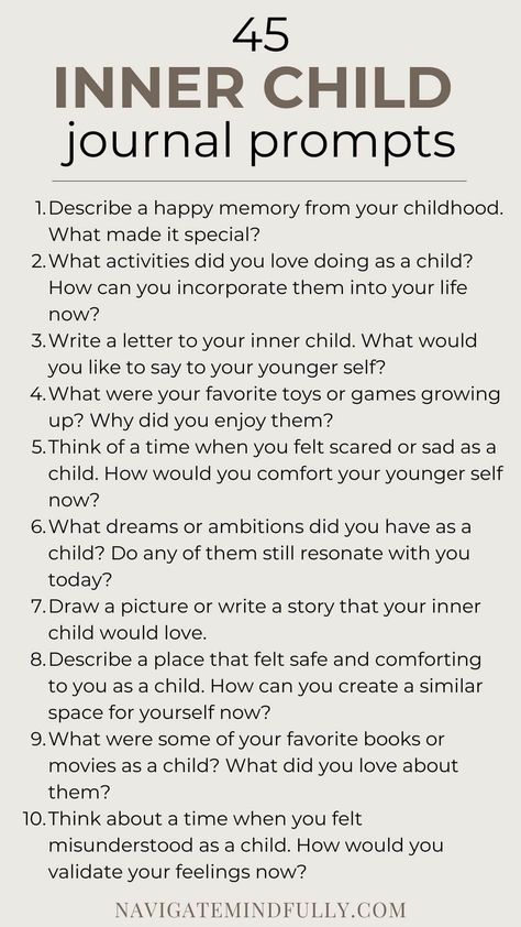 inner child journal prompts Journal Prompts Childhood, Inner Healing Journal Prompts, Journal Prompts For Inner Child Healing, Father Wound Healing Journal Prompts, Inner Child Prompts, Self Healing Journal Prompts, Journal Ideas Healing, Mother Wound Healing Journal Prompts, Inner Child Activities