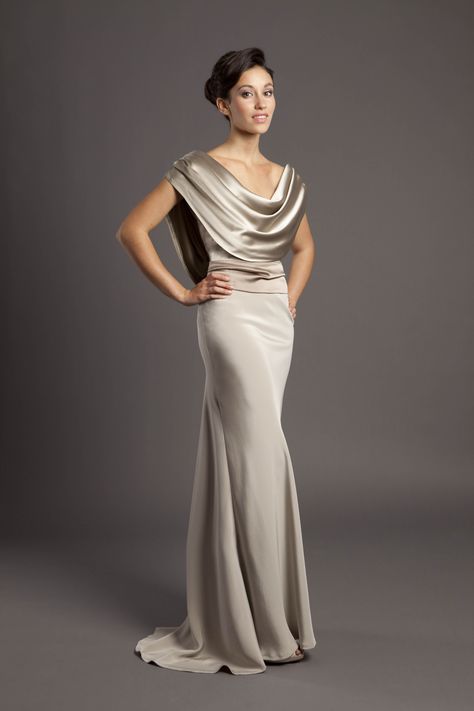 Cowl drape bias-cut gown in champagne & taupe crepe back satin.  Separate sash with floor-length back ties.  From Luke Aaron Bridal Bridesmaid Silk Dresses, Silk Dresses Designs, Wedding Dress Silk Satin, Long Silk Dresses, Cowl Back Wedding Dress, Cowl Neck Wedding Dress, Wedding Dress Silk, Black Tie Attire, Mother Clothing