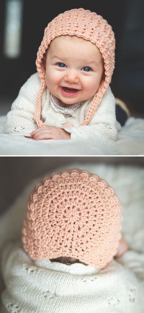 Adorable Crochet Baby Bonnets.This delicate and absolutely adorable baby bonnet in the pictures below will keep your baby's head warm and cozy! It's a fantastic pattern for experienced beginners and more advanced crocheters.What's more, it's available in four different sizes, from newborn to child. #freecrochetpattern #bonnet #baby Baby Bonnet Crochet Pattern Free, Newborn Crochet Hat Pattern, Easy Crochet Baby Hat, Baby Bonnet Crochet Pattern, Crochet Baby Hats Free Pattern, Crochet Baby Cap, Baby Bonnet Pattern, Crochet Baby Projects, Crochet Newborn Hat