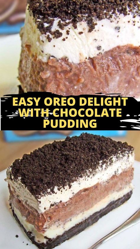 Easy Oreo Delight with Chocolate Pudding - howtocook Pudding Oreo, Pudding Icing, Oreo Delight, Pudding Desserts, Chocolate Pudding, Drink Milk, Food Print, Baking Recipes, Oreo