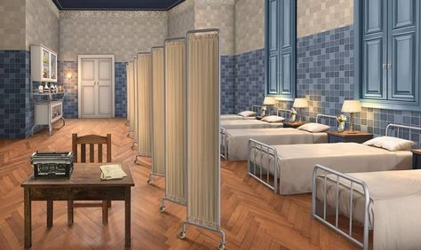 Fantasy Hospital Concept Art, Old Hospital Room Aesthetic, Fantasy Infirmary, Infirmary Room, Hospital Animation, Fantasy Hospital, Clay Plushies, Medieval Hospital, Anime Hospital