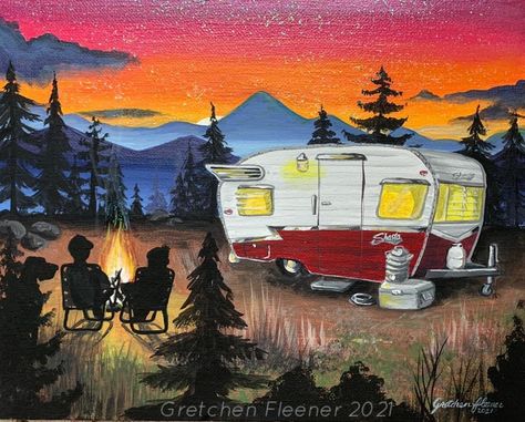 Camper Painting, Camper Wallpaper, Camping Painting, Camping Pictures, Feel Good Pictures, Camper Art, Painting Gifts, Art Tutorials Watercolor, Family Painting