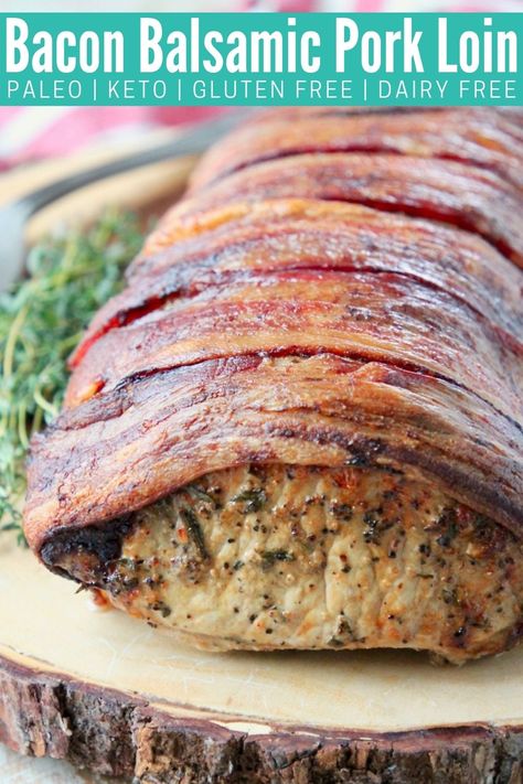 In this Rosemary Balsamic Pork Loin recipe, pork is rubbed with garlic Balsamic Pork Loin, Pork Lion Recipes, Pork Loin Recipes Oven, Bacon Wrapped Pork Loin, Balsamic Pork Tenderloins, Loin Recipes, Pork Loin Recipe, Carb Sides, Keto Pork