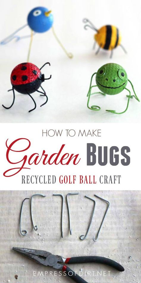 How to make golf ball buggies including cute frogs, ladybugs, birds, and bees from old golf balls. #recycled #crafts #empressofdirt Golfball Crafts, Ball Craft, Golf Crafts, Golf Birthday Gifts, Golf Ball Displays, Golf Ball Gift, Golf Ball Crafts, Recycled Crafts Kids, Golf Diy