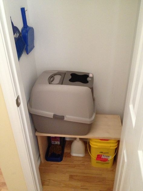 Cat Closet, Kitty Door, Cat Litter Box Ideas, Hidden Litter Boxes, Litter Box Ideas, Kat Diy, Kitty Litter, Pet Door, Coat Closet