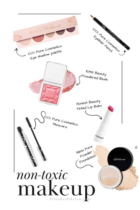 This image shows a variety of non-toxic makeup products with an overlay of text that reads: "non-toxic makeup" Clean Non Toxic Makeup, Makeup Stands, Non Toxic Makeup Brands, Chemical Free Makeup, Toxic Makeup, Organic Makeup Brands, Beauty On A Budget, Christmas Marketing, Makeup Stand