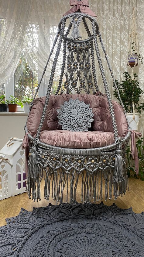 Macrame Hanging Chair Diy, Macrame Chair Hanging, Macrame Hanging Chair Diy How To Make, Hanging Macrame Chair, Chair Macrame, Macrame Chair, Macrame Hanging Chair With Stand, Chair Garden, Macrame Hanging Chair