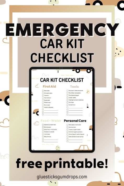 Printable Car Emergency Kit Checklist for Families Car Emergency Kit For Women, Emergency Kit For Women, Car Emergency Kit List, Car First Aid Kit, Emergency Kit Checklist, Winter Emergency Car Kit, First Aid Essentials, Emergency Car Kit, Car Checklist