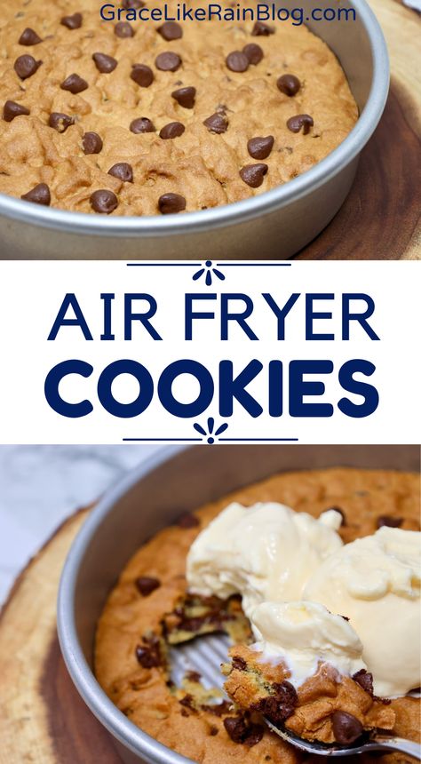 Air Fryer Chocolate Chip Cookie Airfryer Pizookie, Air Fryer Chocolate Chip Cookies, Pizookie Recipe, Recipes Airfryer, Small Batch Cookies, Air Fryer Recipes Dessert, Cookie Pan, Giant Chocolate Chip Cookie, Pan Cookies