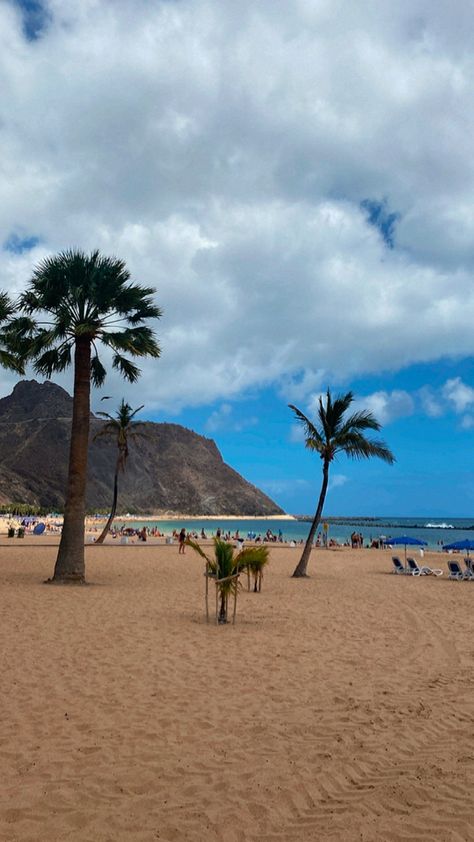 Palm trees, beach, sand, palms, ocean Tenerife Aesthetic Beach, Tenerife Playa De Las Americas Beach, Playa De Las Americas Tenerife Aesthetic, Tenerife Canary Islands Aesthetic, Tenerife Sunset, Tenerife Aesthetic, Tenerife Beach, Holiday Travel Destinations, Life Abroad