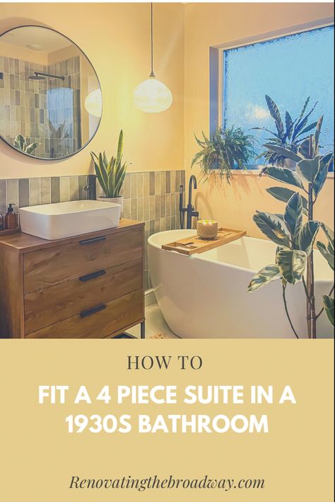 How we fit a four piece bathroom suite (including freestanding bath) in our 1930s square bathroom, including dimensions. #bathroomideas #bathroomremodel #bathroomlayout Bathroom 1930s House, 1930s Bathroom Remodel, 1930’s Bathroom, Four Piece Bathroom, 1930s Bathroom, Square Bathroom, Pink Bathroom Decor, Corner Bath, 1930s House