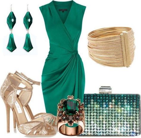 Green wrap dress, gold, evening of perfection! Almost bought those shoes for my wedding Mode Inspo, Revolve Clothing, Polyvore Outfits, Trendy Dresses, Look Fashion, Passion For Fashion, Classy Outfits, Beautiful Outfits, Green Dress