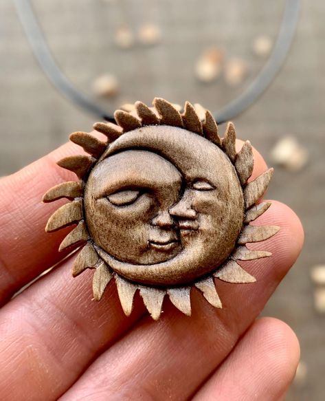 Moon Faces, Moon Face, Wood Carving Art, Miniature Houses, Whittling, Sun And Moon, Moon Pendant, Sun Moon, Walnut Wood